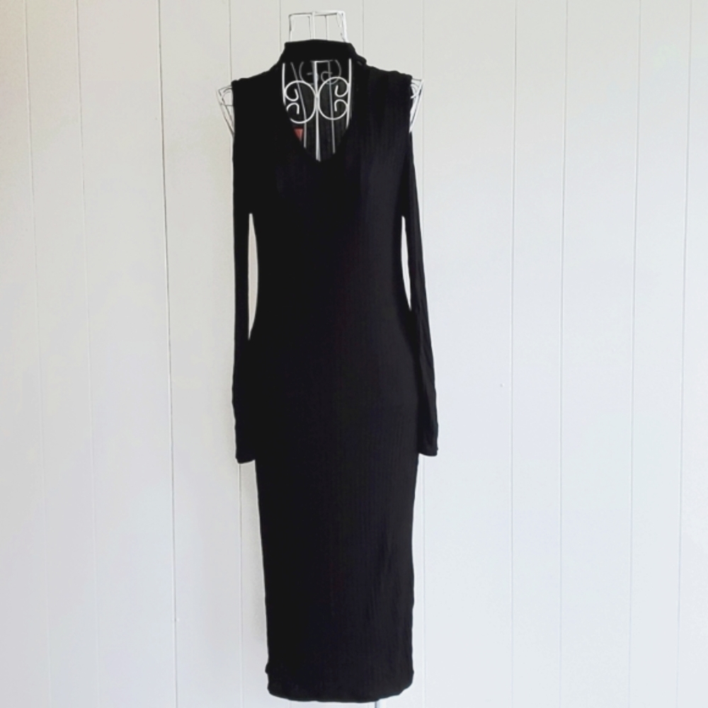 NWT Sans Souci Choker V Neck Cold shoulder Ribbed Jersey Bodycon Dress Size L